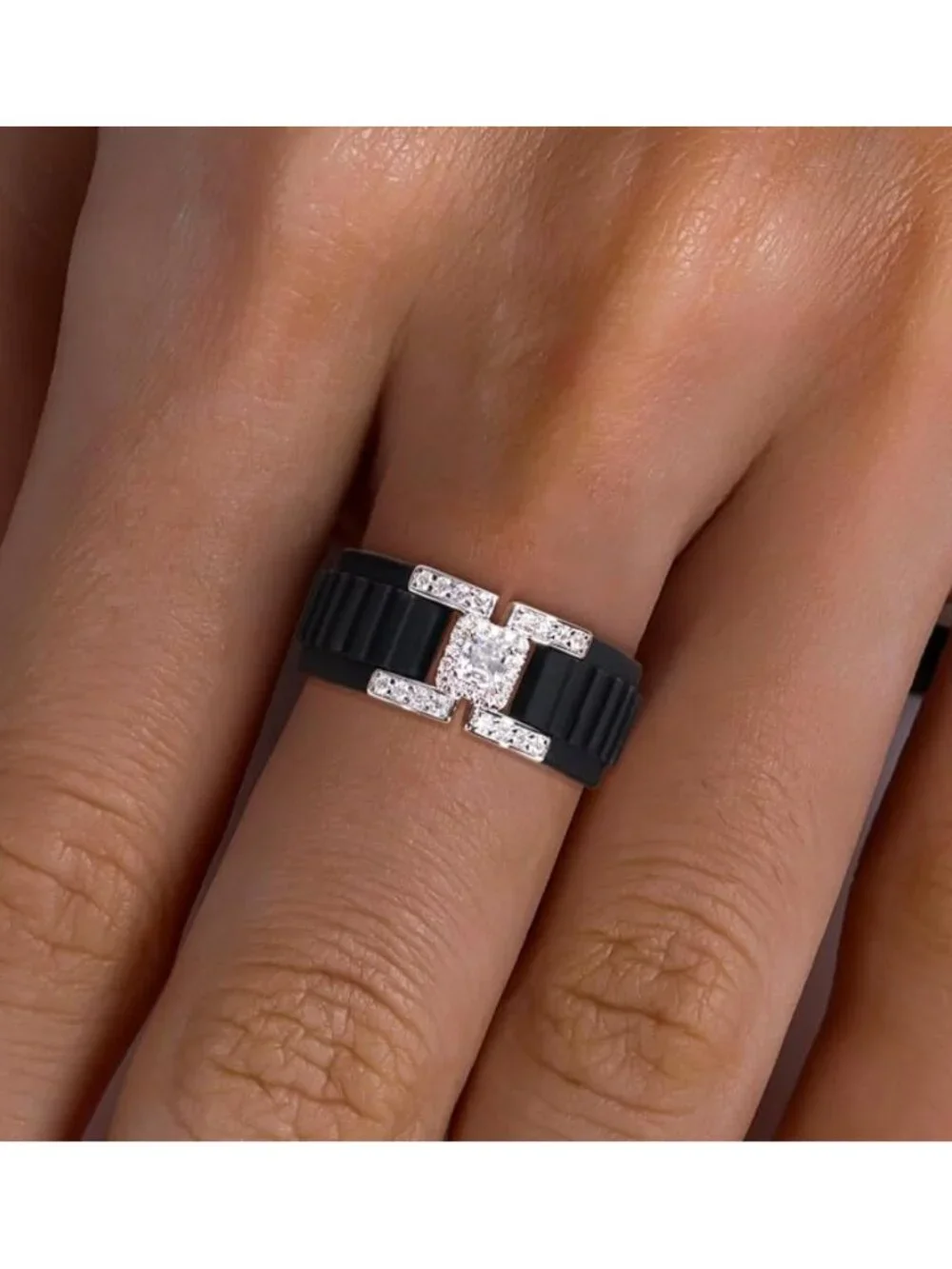 Black Silicone Moissanite Ring Size 9 Ascher Cut GRA Certified 925 Silver NWT